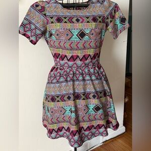 Geometric Pattern Mini Dress in Pink and Blue